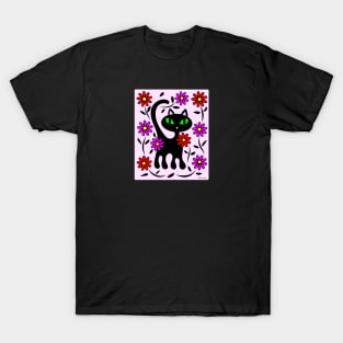 Black Kitty Cat in Flower Garden T-Shirt